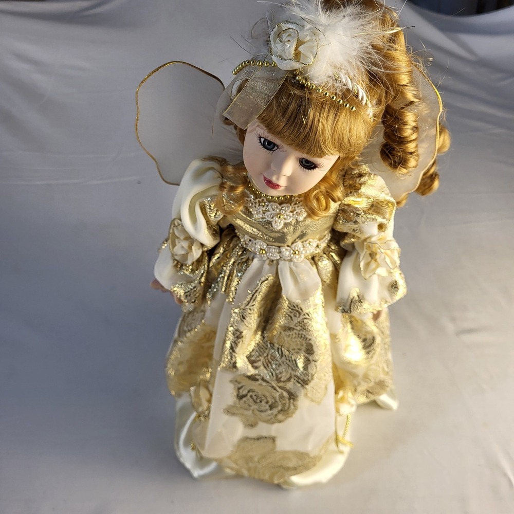 Vtg Brass Key 16" Angel Porcelain Doll In White Lace Dress And Gold Trim